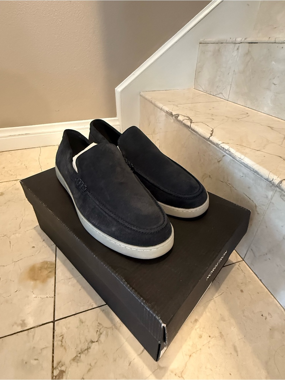 Nordstrom Men's Slip-On Suede Loafers in Dark Blue with White Sole